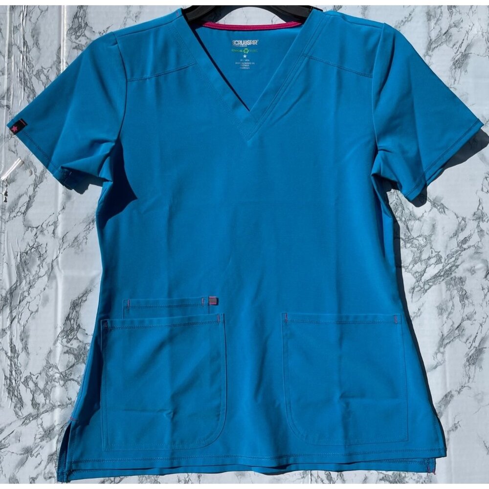 Scrubstar Womens XS V-Neck Scrub Top Bondi Blue With Pockets Recycled Polyester